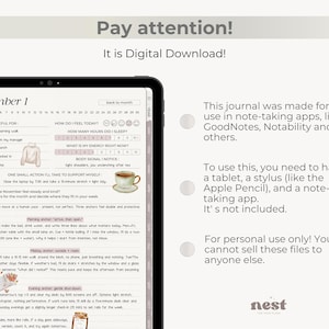 K&ouml;nnte beinhalten: Digitales Journal auf einem Tablet-Bildschirm, das ein t&auml;gliches Planer-Layout mit Abschnitten f&uuml;r Dankbarkeit, Stimmungsverfolgung und Selbstreflexion zeigt. Der Text "Pay attention! It is Digital Download!" steht oben.