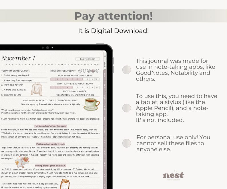 K&ouml;nnte beinhalten: Digitales Journal auf einem Tablet-Bildschirm, das ein t&auml;gliches Planer-Layout mit Abschnitten f&uuml;r Dankbarkeit, Stimmungsverfolgung und Selbstreflexion zeigt. Der Text "Pay attention! It is Digital Download!" steht oben.