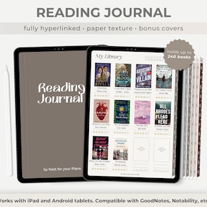 Puede incluir: Un diario de lectura digital en una tableta, con una interfaz de biblioteca con portadas de libros. El diario incluye el texto "Reading Journal", "fully hyperlinked" y "holds up to 240 books". También se ve un lápiz óptico y una segunda tableta.