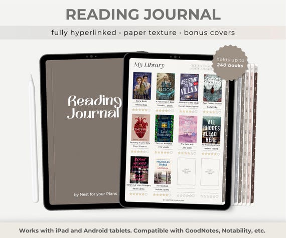 Digital Reading Journal, Paper Texture Reading Tracker for iPad, GoodNotes Book Journal, Android Reading Log, Book Review, Notability