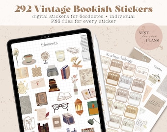 Vintage Bookish Digital Stickers, Book Lover Goodnotes Stickerbook, PNG Reading Stickers, Old Books Clipart, Bookworm Stickers, Notability