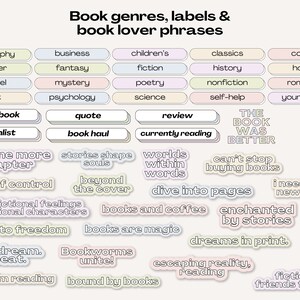 Puede incluir: Un gr&aacute;fico colorido con etiquetas de texto y frases relacionadas con los libros y la lectura. Las etiquetas incluyen g&eacute;neros de libros, frases de amantes de los libros y actividades relacionadas con los libros. El texto est&aacute; en una variedad de colores y fuentes, y el dise&ntilde;o general es juguet&oacute;n y caprichoso.