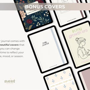 May include: Digital journal covers with various designs, including floral patterns, minimalist line art, and inspirational quotes. The text "BONUS COVERS" and "In my growth era" are visible. The journal offers 8 covers to reflect your mood.
