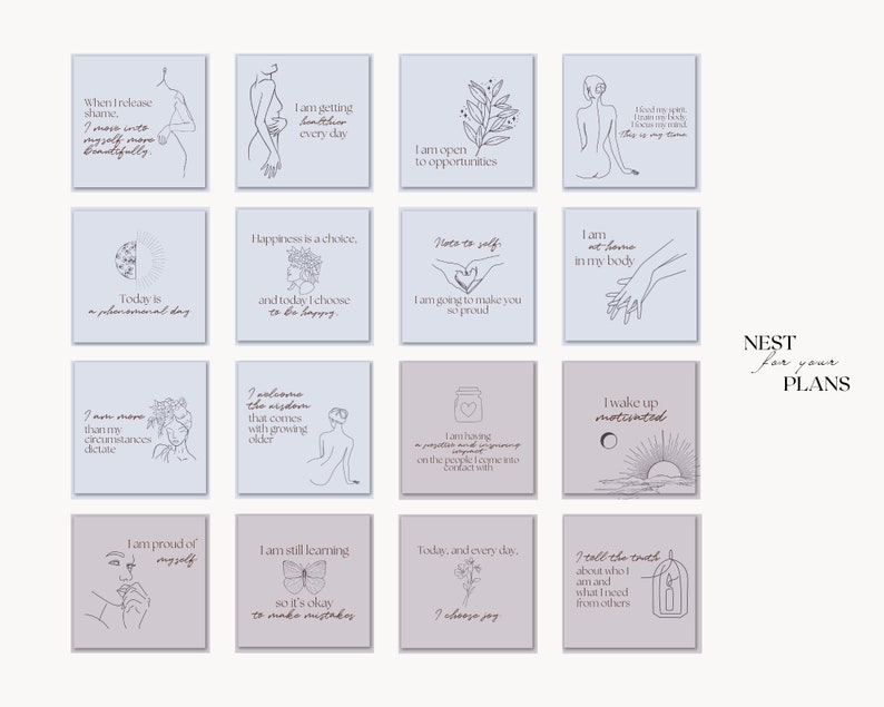 K&ouml;nnte beinhalten: Ein Satz von 12 druckbaren Karten mit motivierenden Zitaten und Illustrationen. Die Karten sind in einem helllila Farbton mit schwarzem Text und Illustrationen gehalten. Die Karten sollen dir helfen, motiviert und positiv zu bleiben.