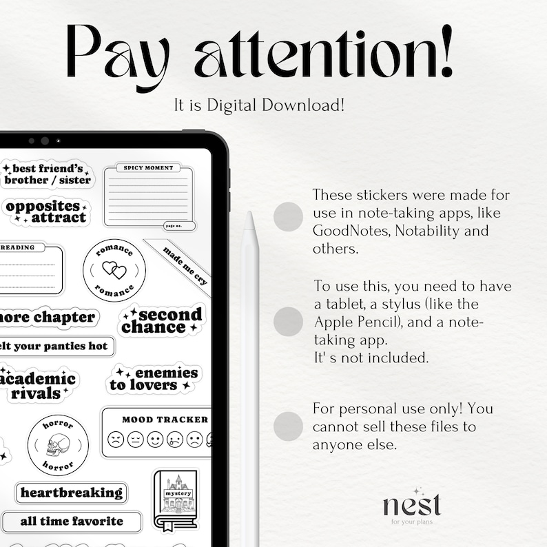 May include: Black and white digital stickers for note-taking apps. The stickers feature phrases like "best friend's, brother/sister", "opposites, attract", "more chapter", "second chance", "academic rivals", "enemies to lovers", "heartbreaking, all time favorite", "made me cry", "spicy moment", "mood tracker", and "mystery".
