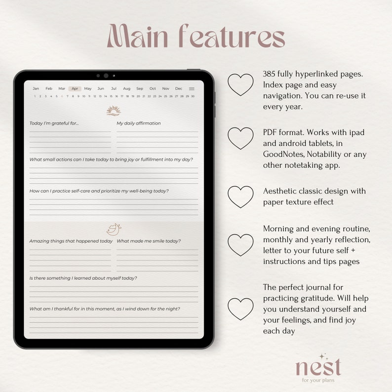 Op de afbeelding: Een digitale planner met een roze en witte cover en de tekst "Main features" bovenaan. De planner heeft 385 hyperlinks, een PDF-formaat, een esthetisch klassiek ontwerp met papiertextuur-effect en een ochtend- en avondroutine.