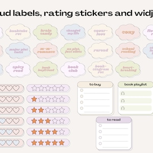 Puede incluir: Un conjunto de pegatinas y widgets imprimibles para los amantes de los libros. Las pegatinas presentan etiquetas en forma de nube con texto como "booktok rec", "cozy", "heart-breaking" y "book club". Tambi&eacute;n hay pegatinas de calificaci&oacute;n con corazones y estrellas, y listas de verificaci&oacute;n para "comprar" y "leer".