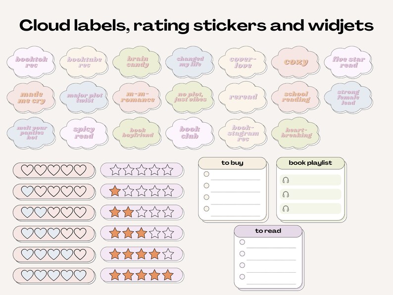 Puede incluir: Un conjunto de pegatinas y widgets imprimibles para los amantes de los libros. Las pegatinas presentan etiquetas en forma de nube con texto como "booktok rec", "cozy", "heart-breaking" y "book club". Tambi&eacute;n hay pegatinas de calificaci&oacute;n con corazones y estrellas, y listas de verificaci&oacute;n para "comprar" y "leer".