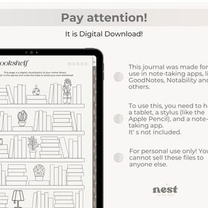 May include: Digital download of a digital bookshelf journal. The journal features a bookshelf design with spaces for coloring and writing book titles. The text reads "Pay attention! It is Digital Download!" and "My Bookshelf".
