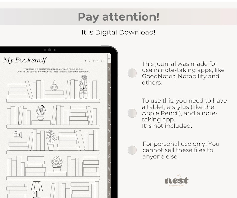 May include: Digital download of a digital bookshelf journal. The journal features a bookshelf design with spaces for coloring and writing book titles. The text reads "Pay attention! It is Digital Download!" and "My Bookshelf".