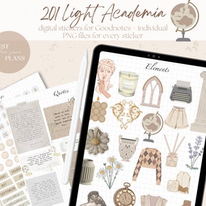 Pegatinas digitales Light Academia, libro de pegatinas Vintage Goodnotes, PNG estéticos de Dark & Light Academia, tablero de estado de ánimo, diario, notabilidad