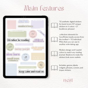 Pu&ograve; includere: Un planner digitale con 712 adesivi estetici per gli amanti dei libri. Gli adesivi sono in 5 colori pastello e includono generi, etichette, widget, frasi, angoli e tropi. Il planner &egrave; progettato per GoodNotes e include 712 PNG individuali che possono essere utilizzati in altre app per prendere appunti.