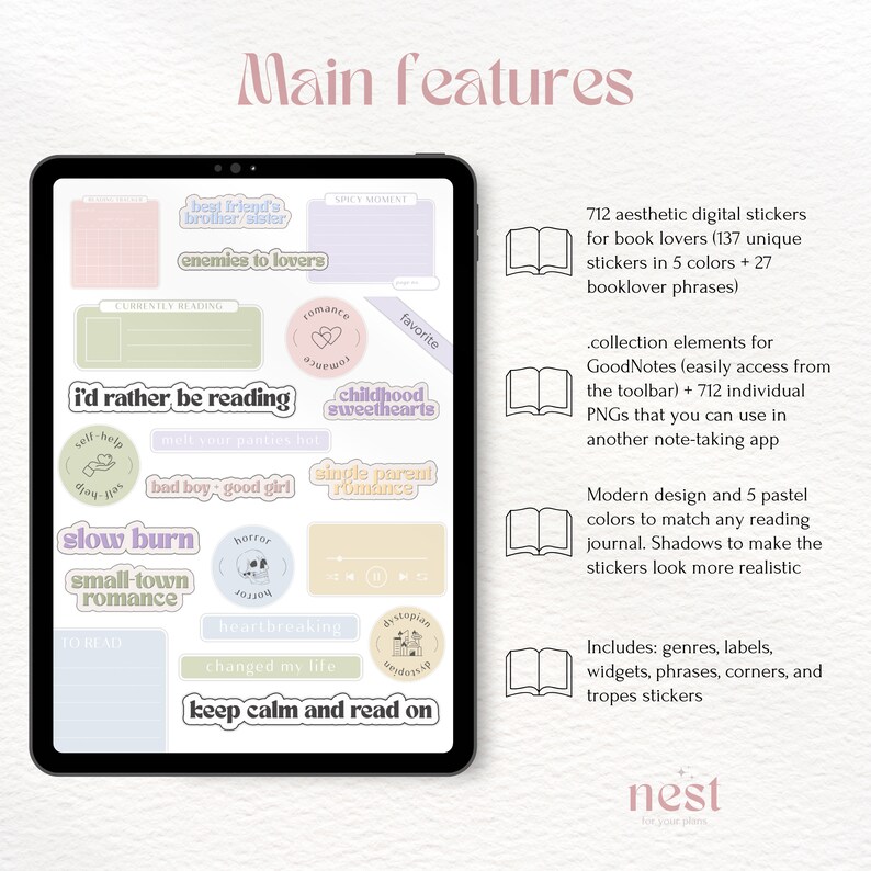 Pu&ograve; includere: Un planner digitale con 712 adesivi estetici per gli amanti dei libri. Gli adesivi sono in 5 colori pastello e includono generi, etichette, widget, frasi, angoli e tropi. Il planner &egrave; progettato per GoodNotes e include 712 PNG individuali che possono essere utilizzati in altre app per prendere appunti.