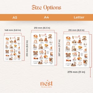 May include: Three different size options for a printable "Autumn Bucket List" checklist. The checklist features a watercolor illustration of autumnal items like pumpkins, leaves, and a cozy fireplace. The sizes are A5 (5.8 inches by 8.3 inches), A4 (8.3 inches by 11.7 inches), and Letter (8.5 inches by 11 inches).