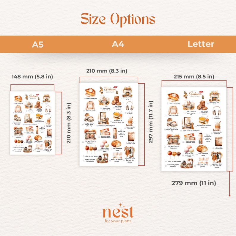 May include: Three different size options for a printable "Autumn Bucket List" checklist. The checklist features a watercolor illustration of autumnal items like pumpkins, leaves, and a cozy fireplace. The sizes are A5 (5.8 inches by 8.3 inches), A4 (8.3 inches by 11.7 inches), and Letter (8.5 inches by 11 inches).