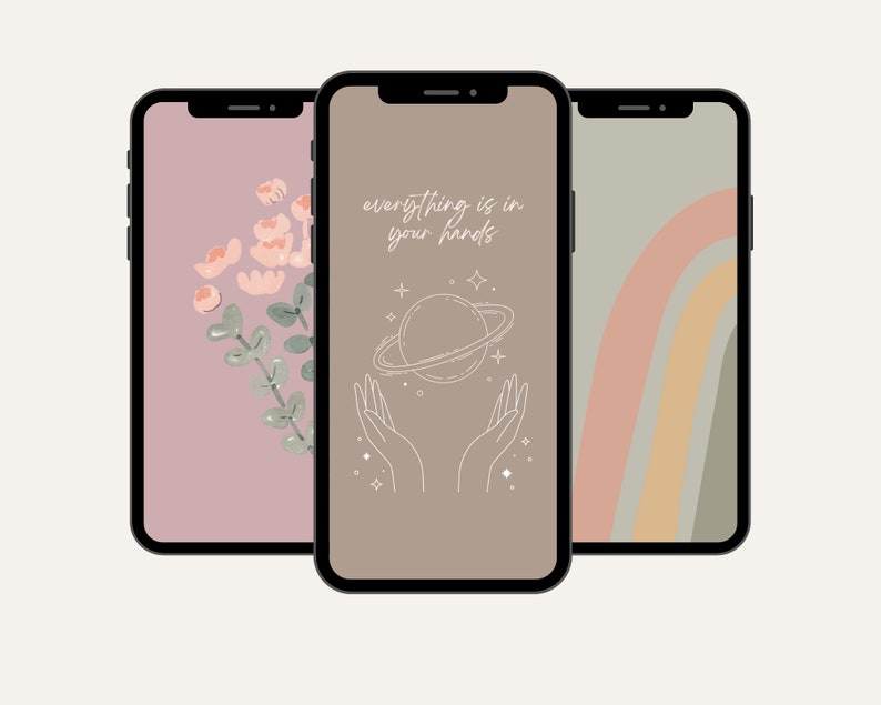 May include: Three phone screen mockups with different designs. The first has a pink background with a floral illustration. The second has a brown background with a hand holding a planet and the text "everything is in your hands". The third has a green background with a rainbow design.