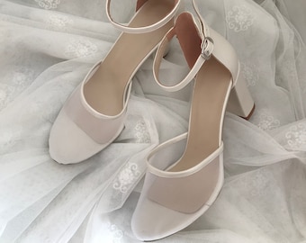 Tule, sapatos de noiva com tiras no tornozelo, saltos, sapatos de noiva marfim, sapatos de noiva brancos