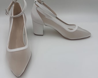 Tule, sapatos de noiva com tiras no tornozelo, saltos, sapatos de noiva marfim, sapatos de noiva brancos
