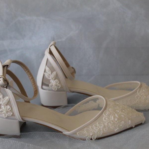 Ankle Strap , guipure embellished , Wedding Shoe,Heels, bridal Shoe , low Heel bridal shoe , low heels , Bride Shoe , Ivory, White