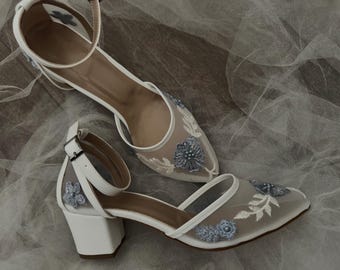 Blue Lace shoe, Blue Guipure - Pearl Embellished , Blue Wedding Shoe , Blue parl shoe , Lace embellished , wedding shoe, blue bridal shoe