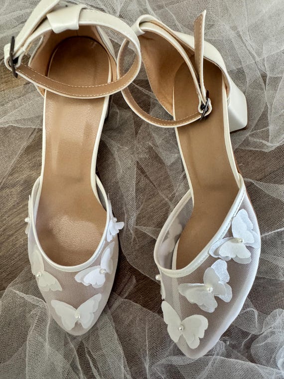 Butterfly Lace bridal shoe block heel shoe lace bride shoe butterfly  shoe low heel shoe