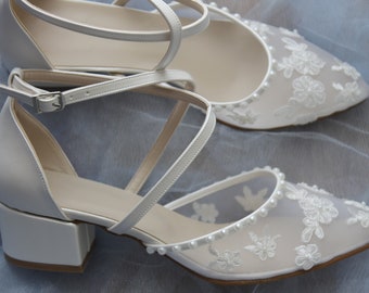 Criss cross  , pearl, guipure , guipure embellished , Wedding Shoe,Heels, bridal Shoe , low Heel , low heels , Bride Shoe , Ivory, White