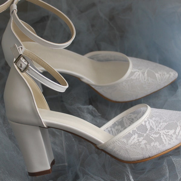 Lace bridal shoe , block heel shoe , lace bride shoe , thin heel shoe , low heel shoe