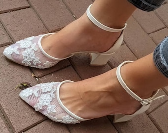 ankle strap , guipure embellished , Wedding Shoe,Block Heels, Wedding Shoes , low Heel bridal shoe , bridal shoe, Bride Shoes , Ivory, White