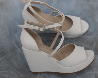 Cris Cros  Wedges, Ivory Wedding Shoes , Ivory Bride Shoes , White, Wedding Wedges, White Shoes, Black Shoes
