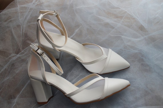 Ivory Satin Pointy Toe Pump Low Heel with Oversized Pearls Applique- Bridesmaid  Shoes, Bridal Shoes, Wedding Shoes