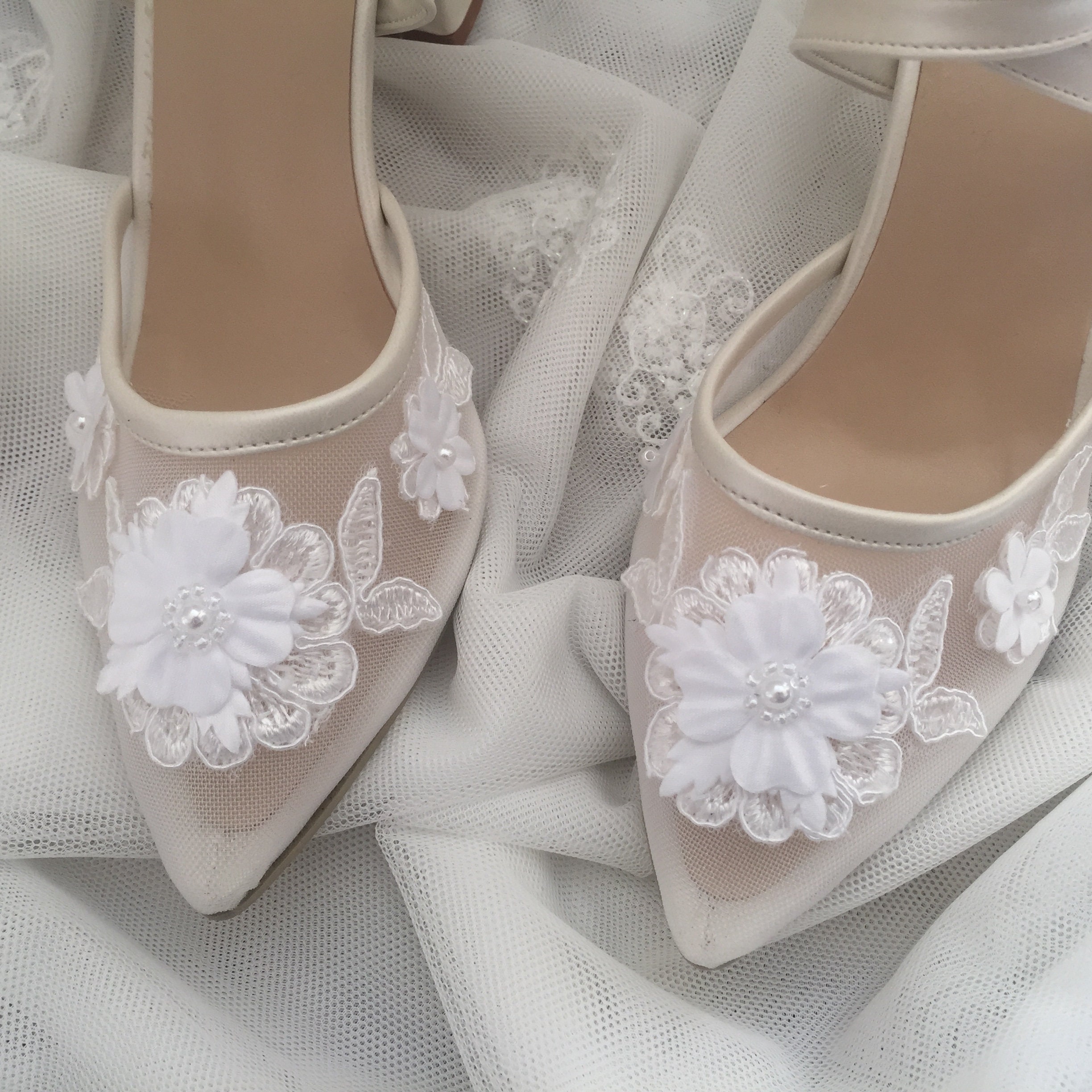 Tulle Guipure Embellished Tulle Bridal Shoes Ivory White