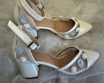 Block heels , Blue Guipure - Pearl Embellished , Blue Wedding Shoe , Blue parl shoe , blue lace shoe , Lace embellished , blue bridal shoe
