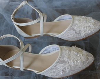 Guipure Pearl cris cross strap , flower  guipure , guipure embellished , Wedding Shoe,Heels, bridal Shoe , low Heel , Bride Shoe