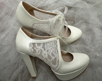 Closed Toe Shoe ,  Ankle Strap , Block Heel , Wedding Shoe For Bride , Bridal Shoe , White , Ivory , Low Heel , Bride Shoe
