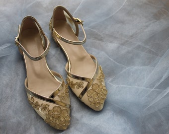 Gold Flat, Guipure Embellished , Ankle Strap Flats, Flaat Wedding Shoes ,Flat, Flat Bride Shoes , Ivory , Flat Bridal Shoes , Flat shoes
