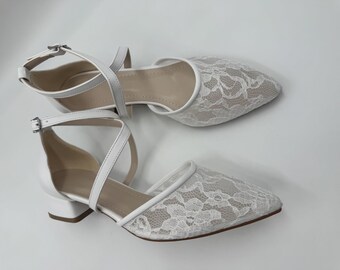 Criss cross  , flower  guipure , guipure embellished , Wedding Shoe,Heels, bridal Shoe , low Heel , low heels , Bride Shoe , Ivory, White