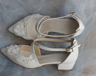 Guipure Embellished , Criss Cross , Block Heel , Wedding Shoes , Bride Shoe , Bridal Shoe