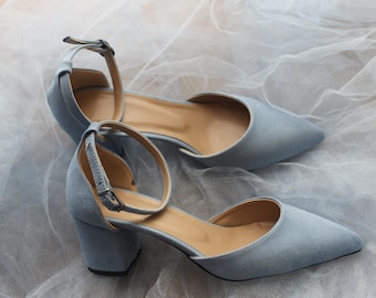 Dusty Blue Shoes , Block Heel , Ankle Strap