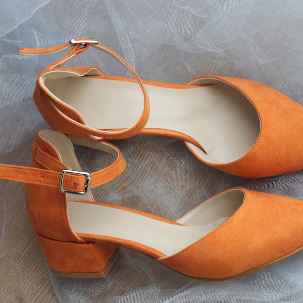 Orange Shoes , Suede Shoes , Low Heel , Block Heel