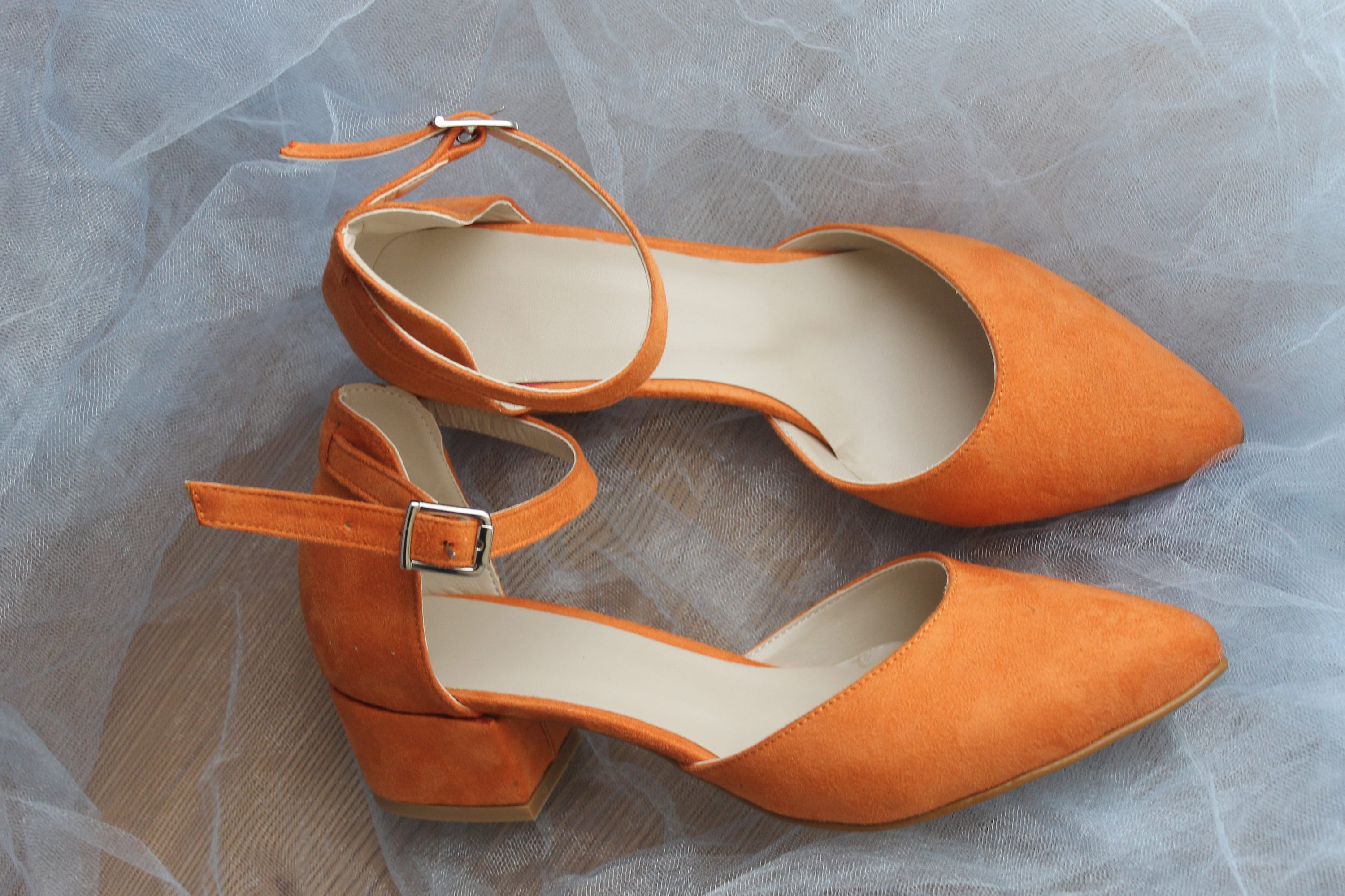 Rattan Block Heel Sandals - Orange