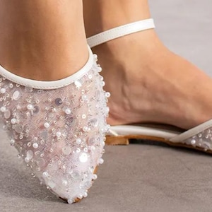 Ankle Strap , Guipure Embellished wedding shoe , pearl embellished , block heel shoe , flat shoe