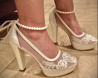 Tacchi alti, Scarpe da sposa color avorio, Scarpe con plateau, Scarpe da sposa color avorio, Avorio, Scarpe da sposa, Scarpe da sposa bianche, Scarpe nere