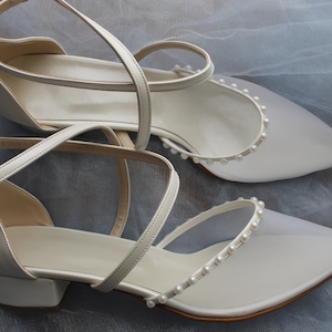 Criss cross  , pearl , pearl embellished , Wedding Shoe,Heels, bridal Shoe , low Heel , low heels , Bride Shoe , Ivory, White