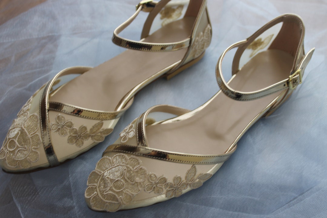 Gold Flat Guipure Embellished Ankle Strap Flats Flaat - Etsy