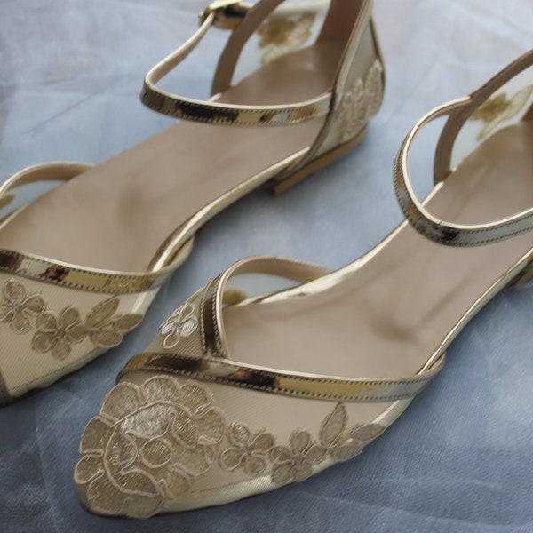 Gold Flat, Guipure Embellished , Ankle Strap Flats, Flaat Wedding Shoes ,Flat, Flat Bride Shoes , Ivory , Flat Bridal Shoes , Flat shoes
