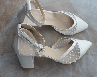 Perle verschönert, Low Heels, Elfenbein Brautschuhe, Ivory, Hochzeitsschuhe, weiße Brautschuhe, Knöchelriemen