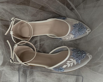 Flat Blue Lace shoe, Blue Guipure - Pearl Embellished , Blue Wedding Shoe , Blue parl shoe , Lace embellished , blue bridal shoe