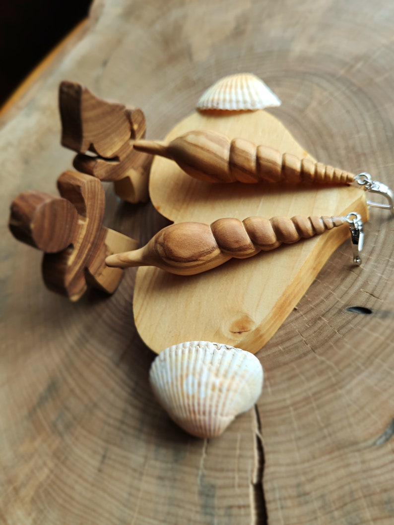gift handcrafted romantic Olive wood seashell boho earings extraordinary earings Natural atmosphere unique earings 925 eco style.