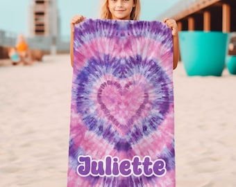 Personalized Beach Towel kids name tie dye heart bathing towel children pool custom name bathing towel gift graduation girl personalized