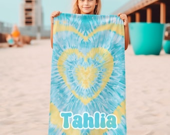 Tie dye blue beach towel heart custom kids name pool towel for children gift for teens graduation birthday gift for teen 4 years old gift